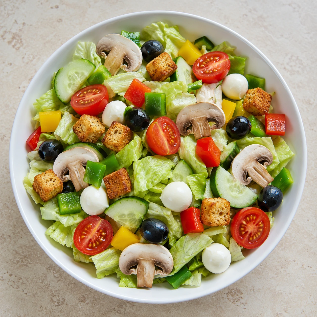 Garden Salad in Norco with lettuce tomatoes cucumbers olives mushrooms and bell pepper