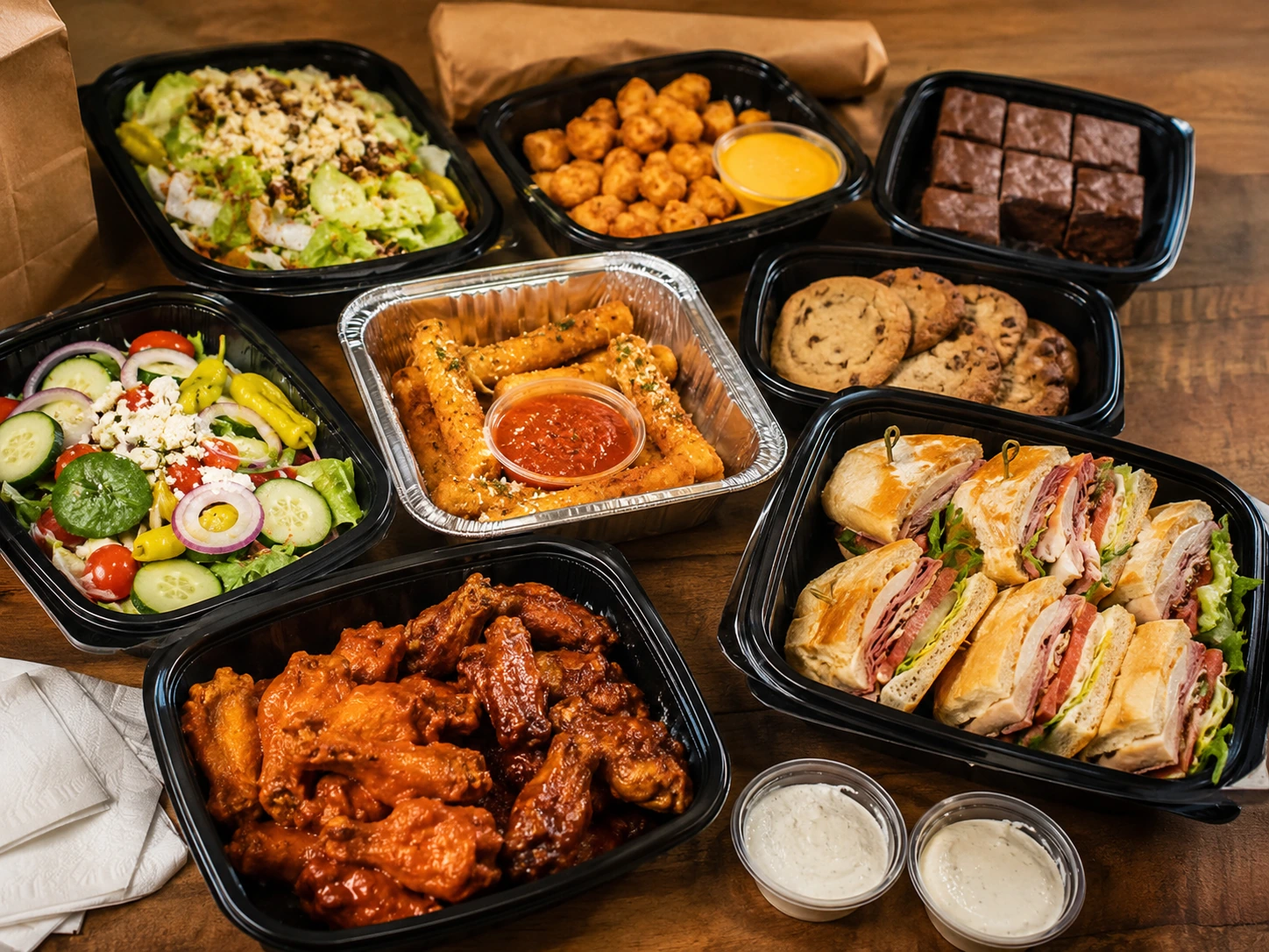 Non-pizza group food order with wings sandwiches and salads in Norco California